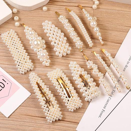 Pearls Hair Clips for Women Girls - 12pcs Large Hair Pins Clips Barrette Ties for Birthday Valent... | Amazon (US)