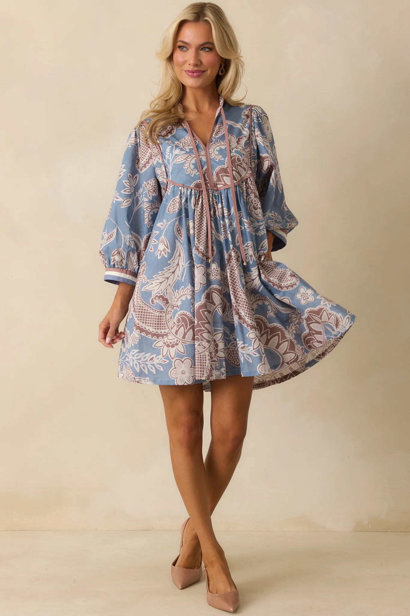 Crisp Morning Air Ash Blue Floral Cotton Quarter Sleeve Mini Dress | Red Dress
