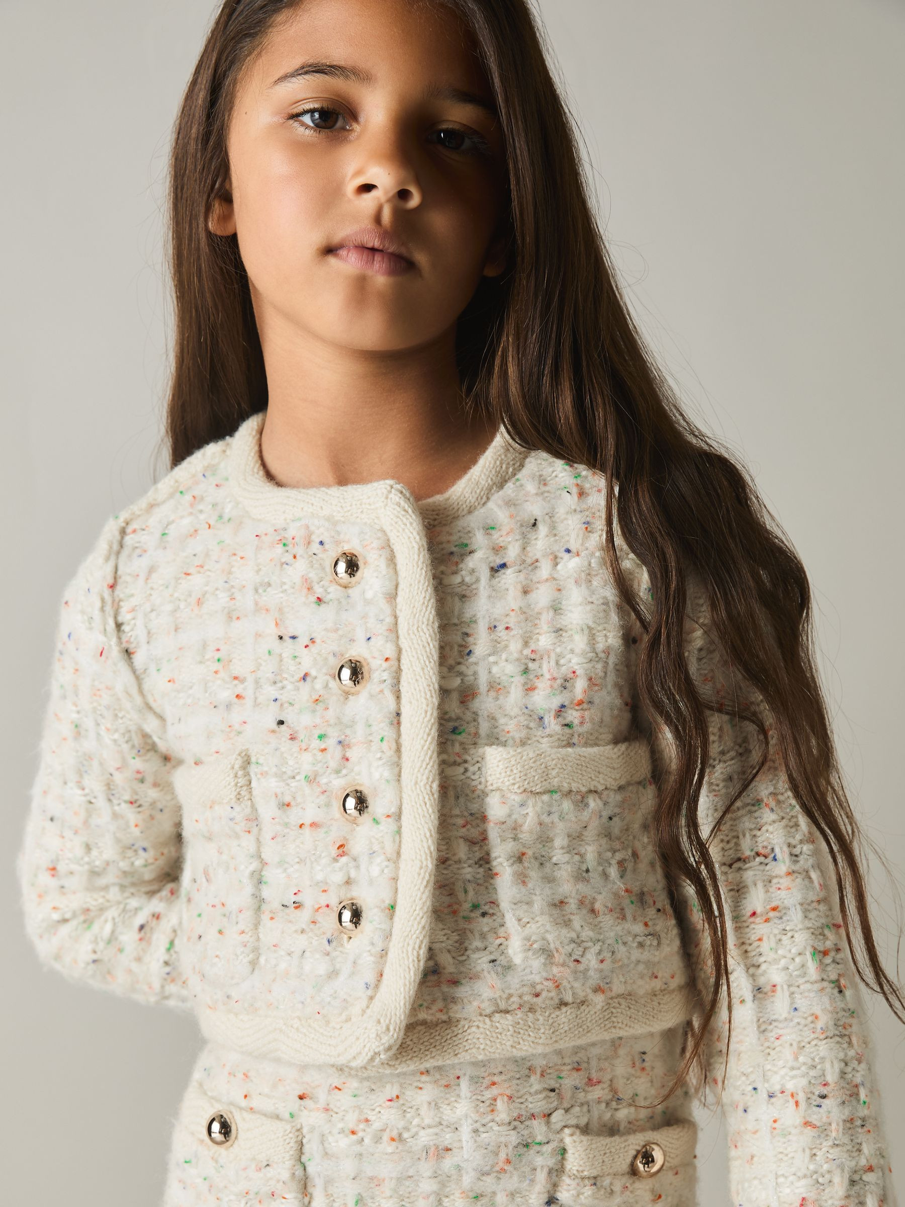 9-13 yrs Tweed-Effect Knitted Jacket with Merino in Cream | Reiss UK
