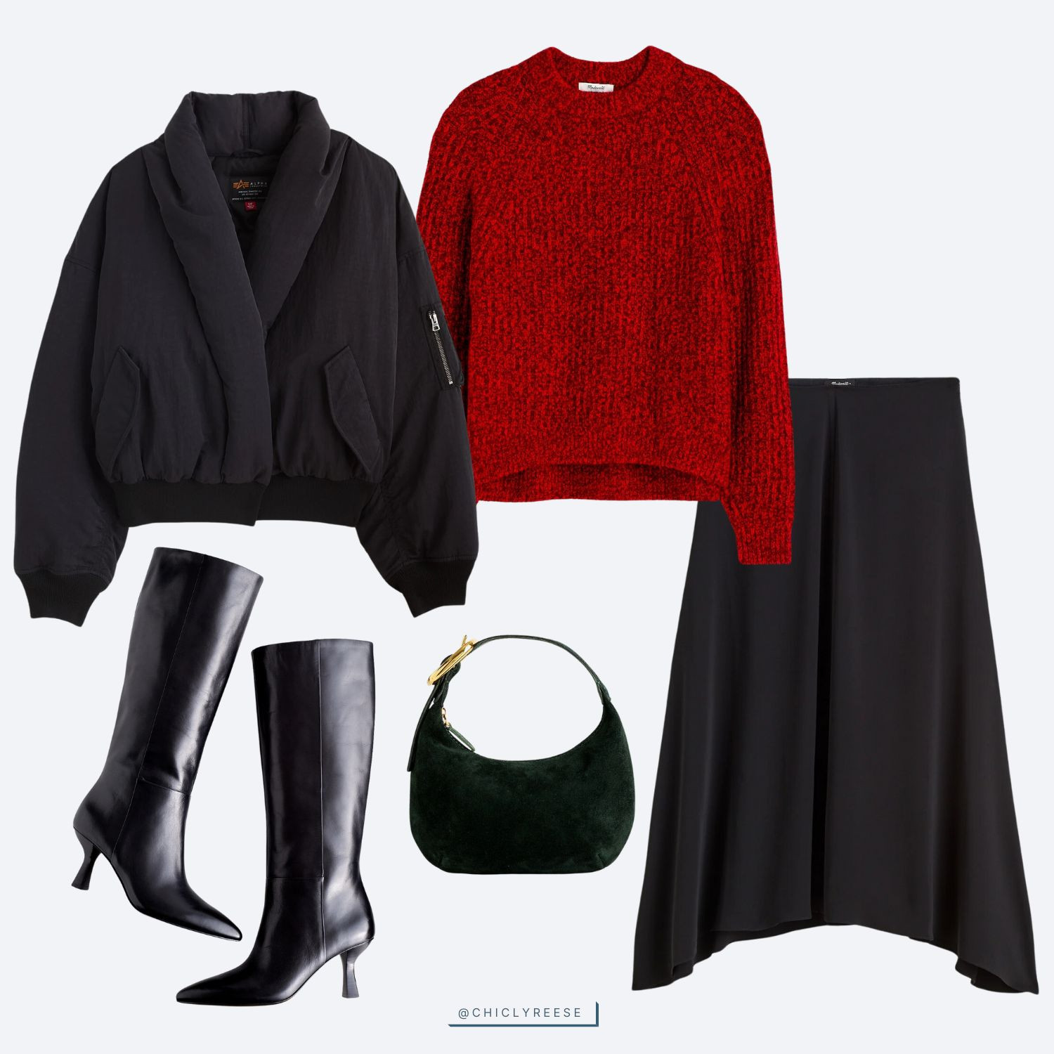 Winter outfit inspo featuring a chic flight jacket, red sweater, midi skirt, and black knee-high boots. The perfect day to night look. 

 #LTKSeasonal #LTKStyleTip #LTKShoeCrush