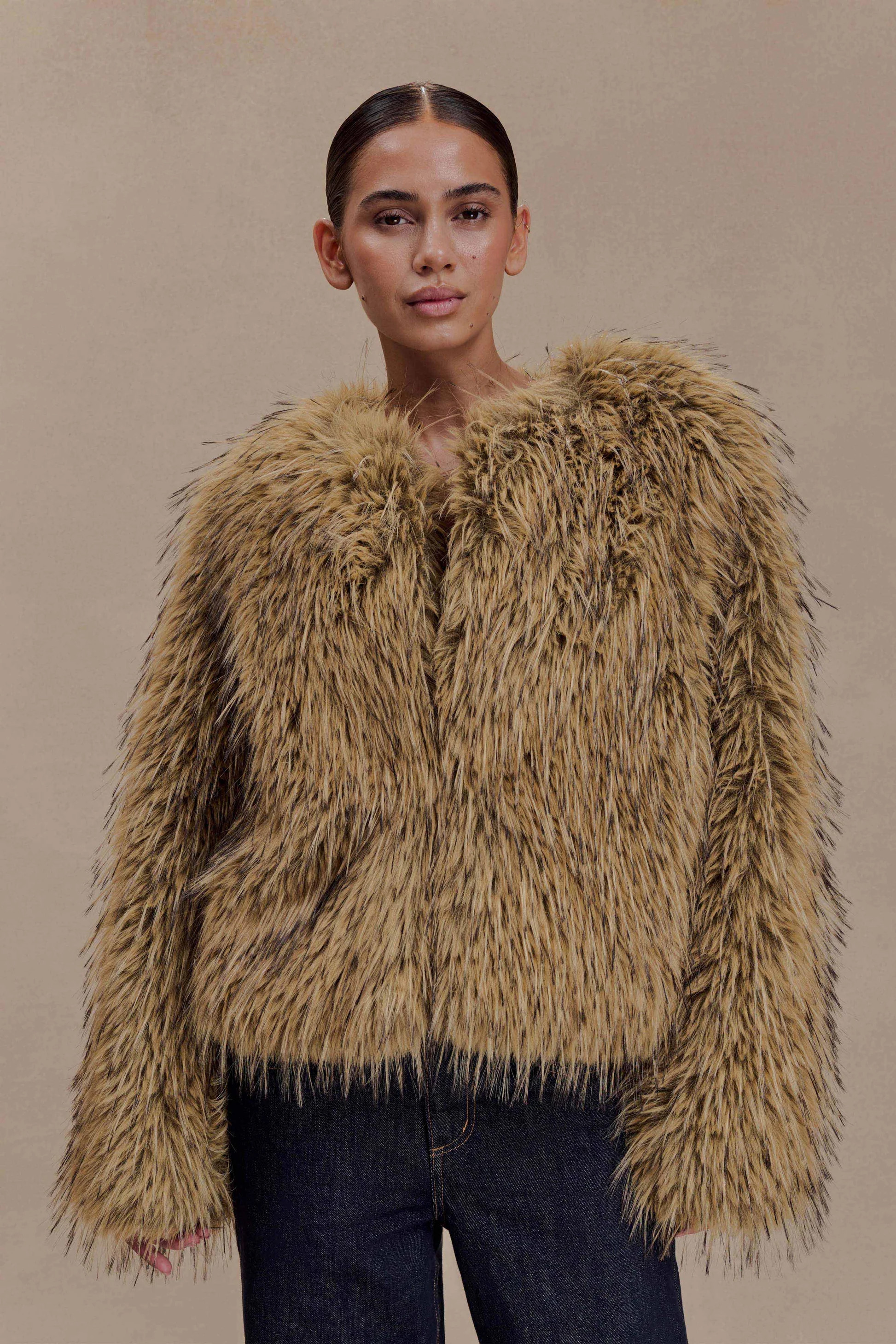 Ottie Mongolian Faux Fur Cropped Jacket - Brown Multi | MESHKI US