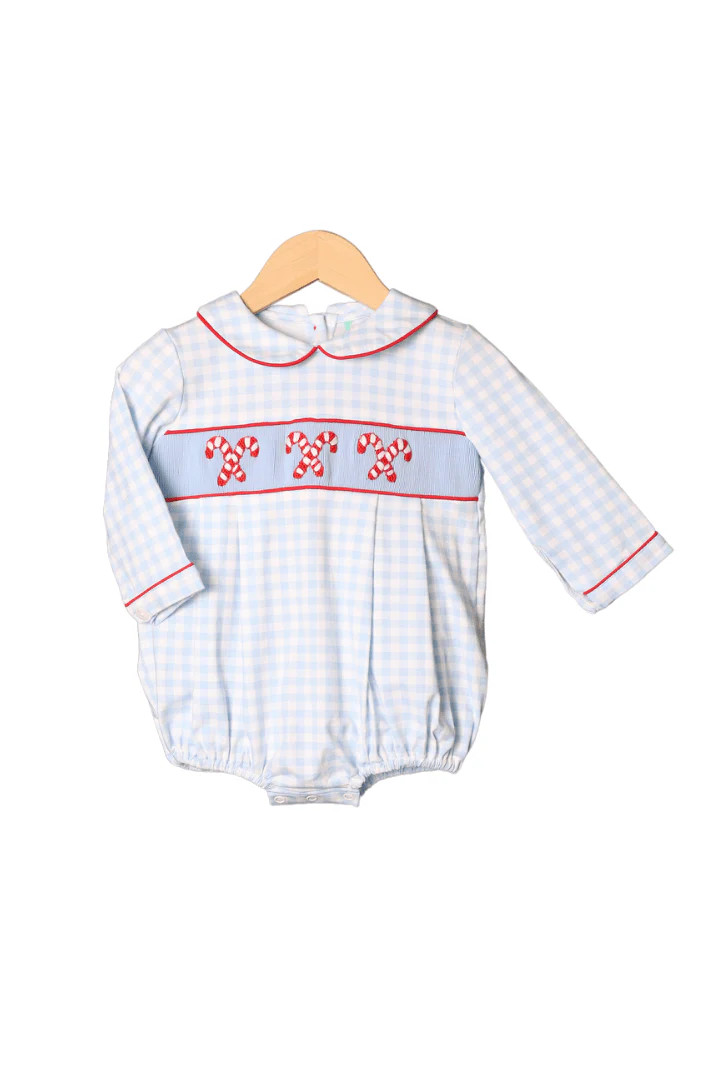 Smocked Blue Gingham Knit Candy Cane Bubble | The Smocked Flamingo