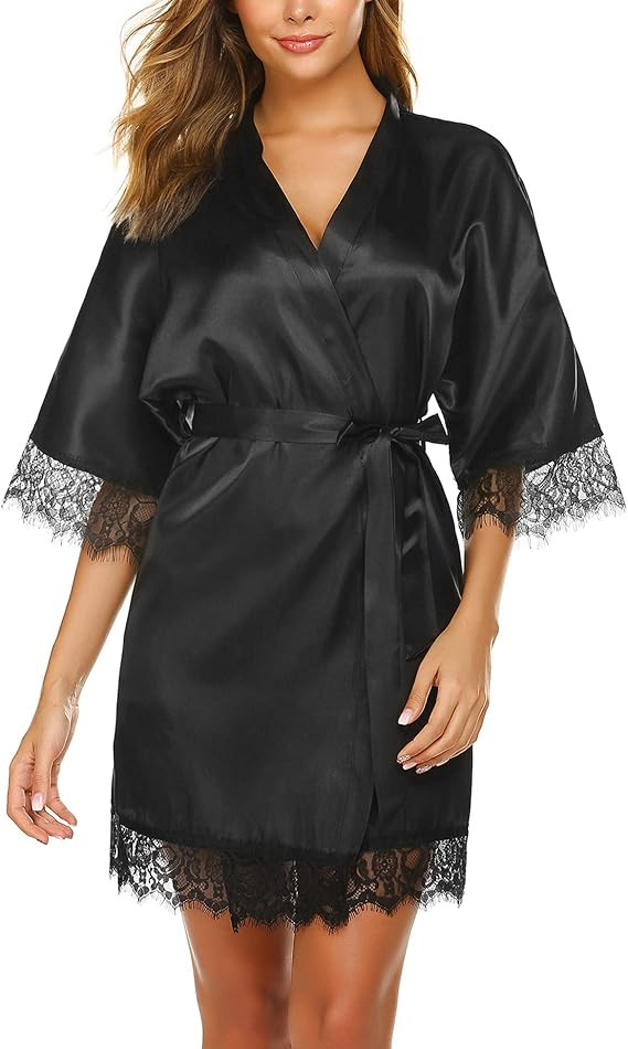 Avidlove Women's Pure Color Kimono Robes Short Satin Nightwear Bridesmaids Lingerie S-XXL | Amazon (US)