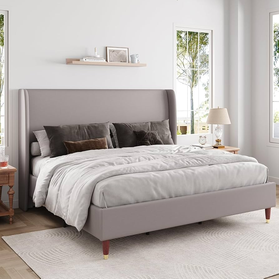 Jocisland Queen Size Bed Frame 51.2" High Linen Upholstered Platform Bed with Wingback Headboard/... | Amazon (US)