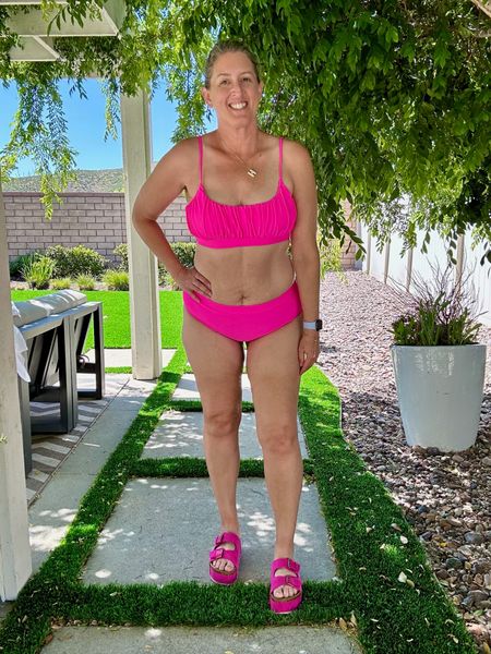 Bright colors bathing suits give me a dopamine rush, as do these sandals. #pinklover 

#LTKSeasonal #LTKOver40 #LTKSwim