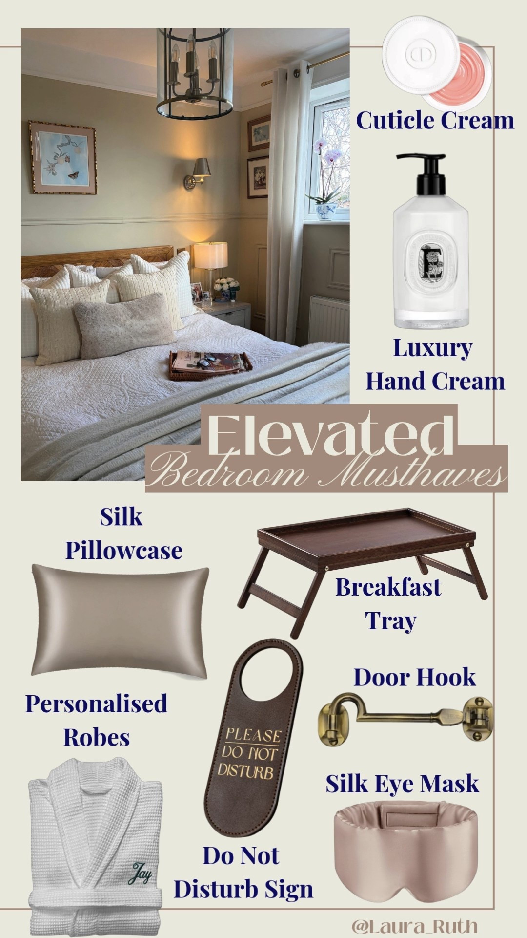 Luxury bedroom essentials including silk pillowcase, silk eye mask, personalised robe, breakfast tray, cuticle cream, luxury hand cream and decorative door hook for a hotel-inspired space. ✨ 

#LTKuk #LTKstyletip #LTKhome