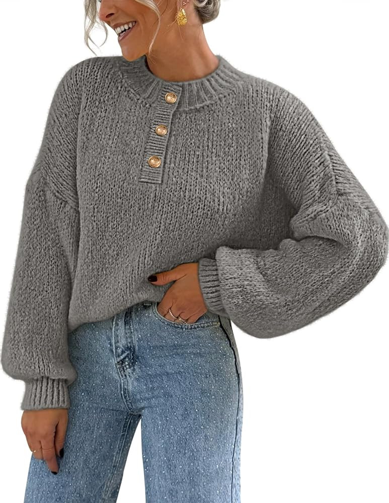 MEROKEETY Women's 2025 Fall Oversized Sweaters Chunky Long Lantern Sleeve Buttoned Mock Neck Wint... | Amazon (US)