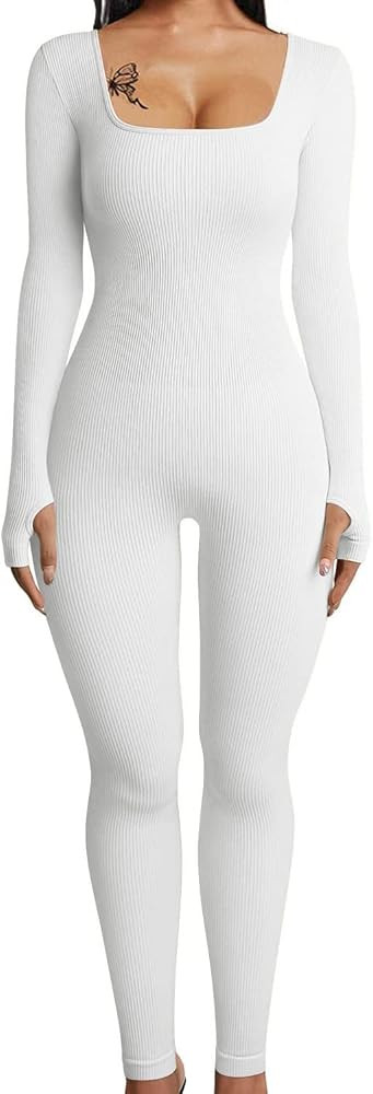 HOPYOP Sexy Long Sleeve Jumpsuit for Women, One Piece Ribbed Workout Rompers | Amazon (US)