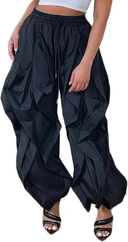 LETSVDO Women's Baggy Ruffle Fringe Pants Drawstring Elastic Waist Barrel Lantern Parachute Wide ... | Amazon (US)