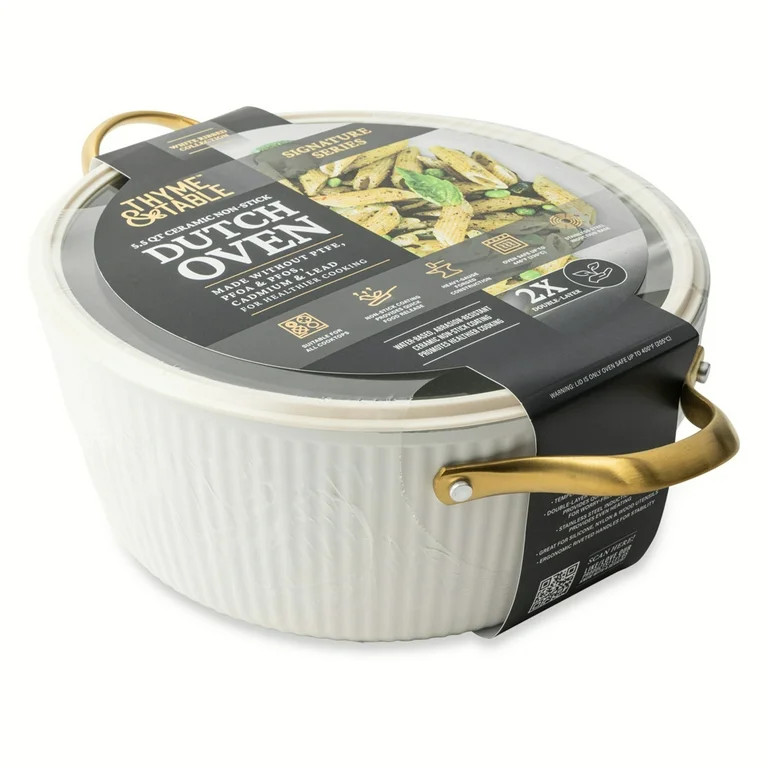 Thyme & Table Signature Ribbed 5.5 QT Dutch Oven Non-Stick - White & Gold | Walmart (US)