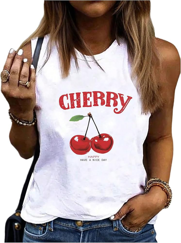 Women's Y2k Cherry Print Tank Top Crew Neck Sleeveless Summer Crop Tank Shirt | Amazon (US)
