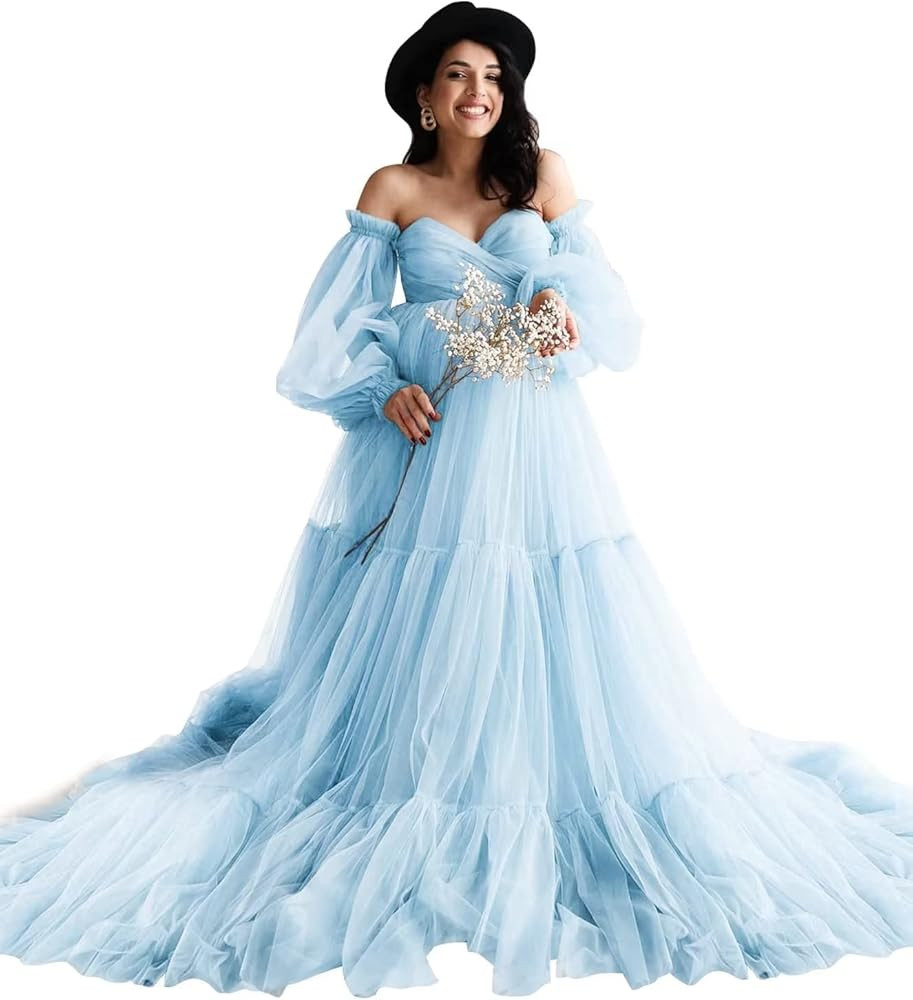 Puffy Tulle Maternity Dress for Photoshoot Long Sleeve Robes Off Shoulder Sheer Lingerie Baby Sho... | Amazon (US)
