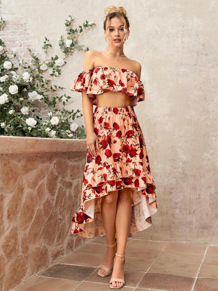 Breezaya Floral Print Off-Shoulder Top And Ruffled Hem Skirt Set | SHEIN