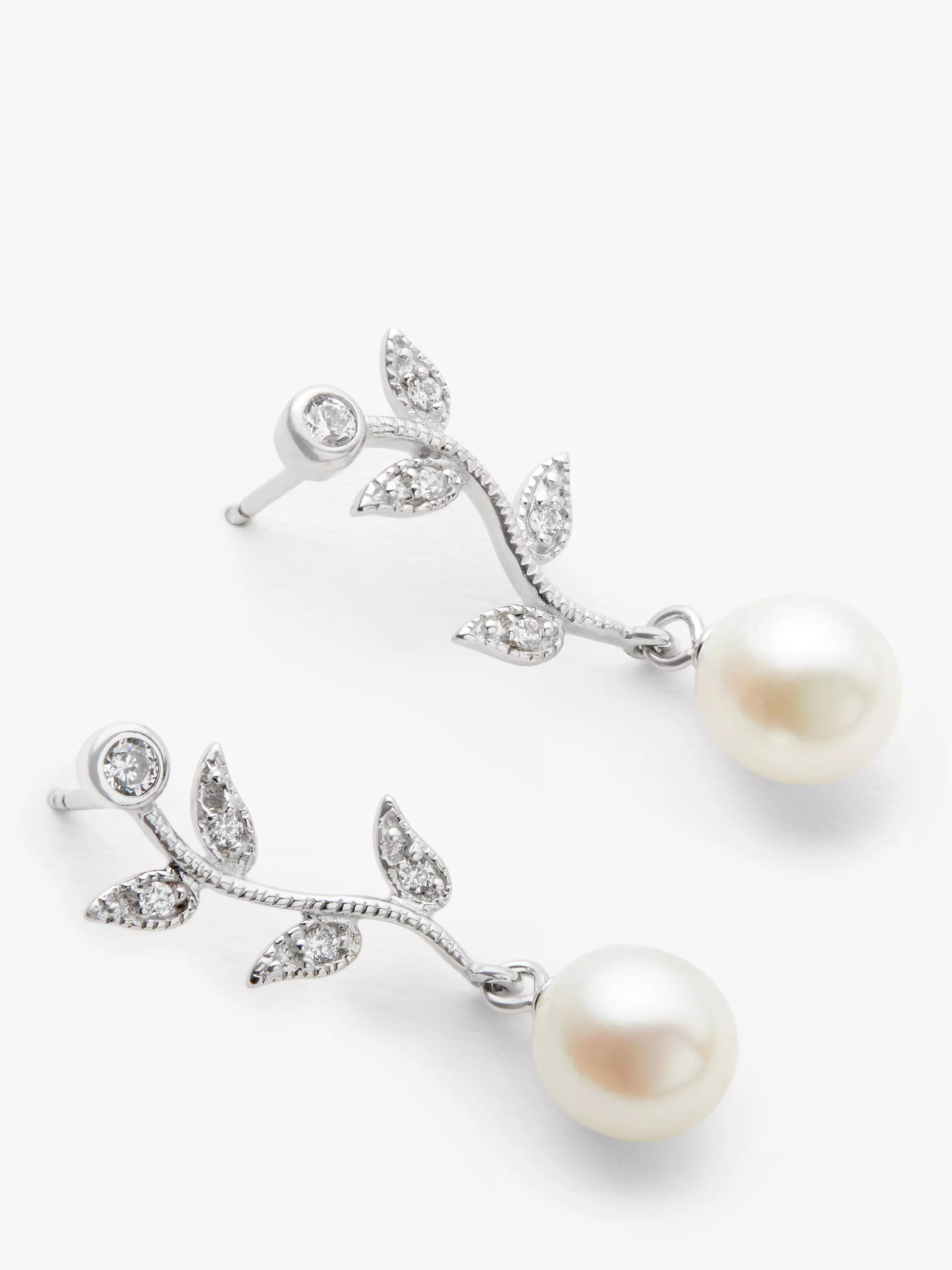 Leaf Drop Sterling Silver Freshwater Pearl Earrings, Silver/White | John Lewis (UK)