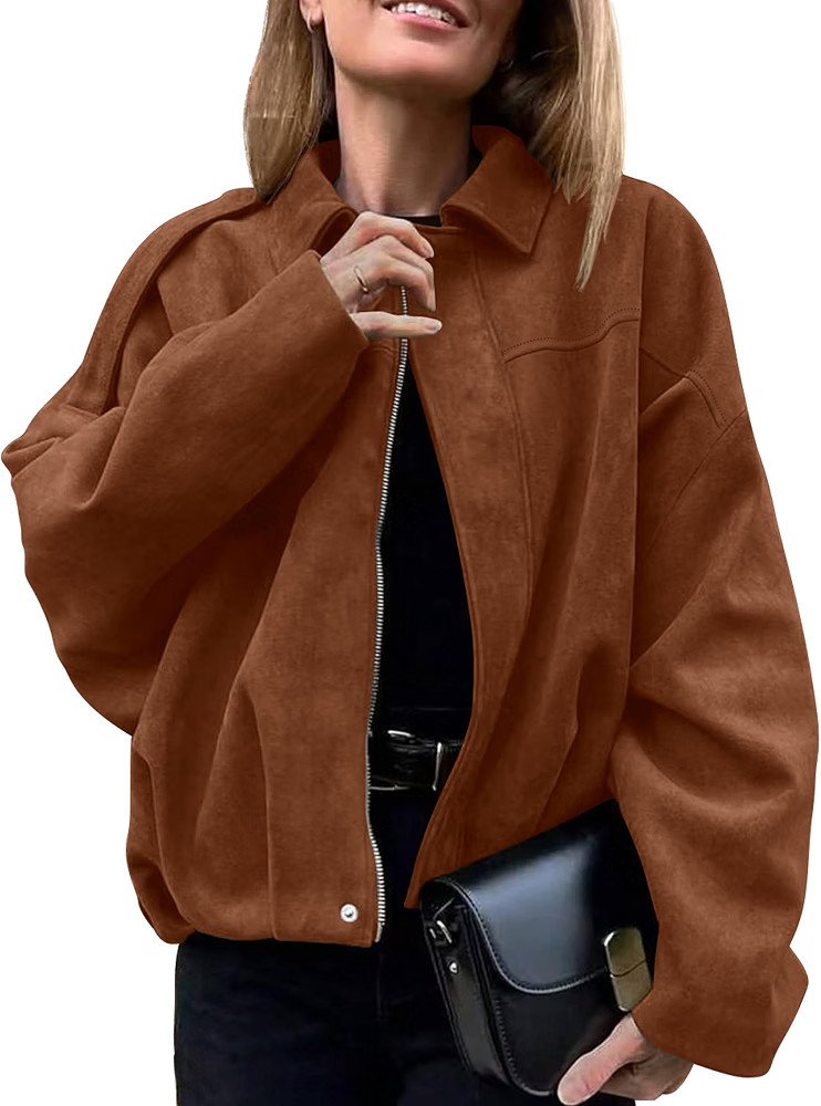 ANRABESS Womens Faux Suede Bomber Jacket Fall Oversized Cropped Coat | Amazon (US)