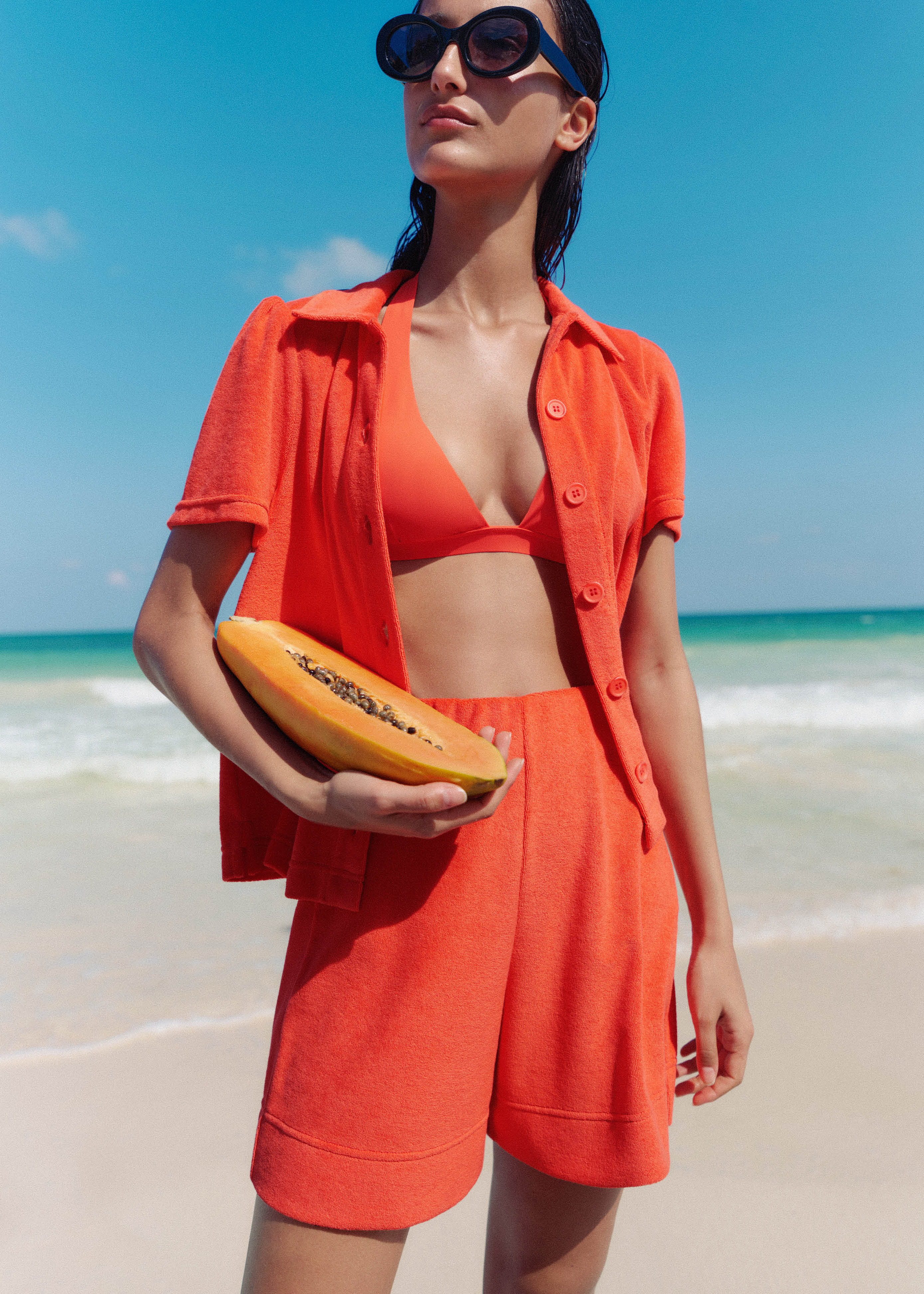 Women's Orange Toweling Short Sleeve Shirt + A-Line Short Co-ord | ME+EM | ME+EM US