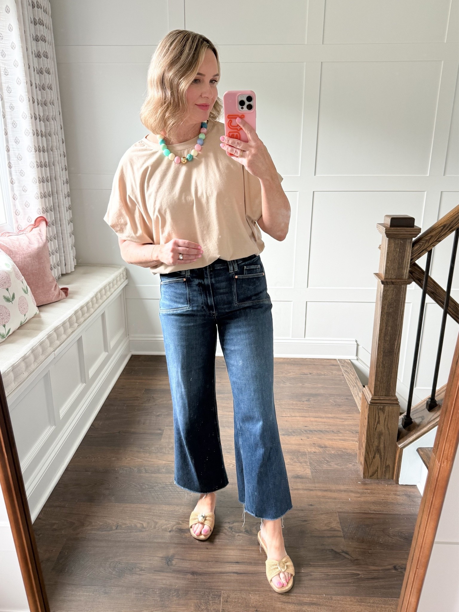This top gives the illusion that it’s tucked but it’s actually a bubble hem. It’s double lined and comes in so many colors. I’m wearing a medium. Don’t wait on this necklace - it’s Amazon but looks like Anthro or Bauble Bar! My jeans are a splurge but I’ve had them for 2 years and they are so comfortable! The denim is super soft and has stretch. Runs TTS. My sandals are Target and I love the gold detail!

#LTKootd