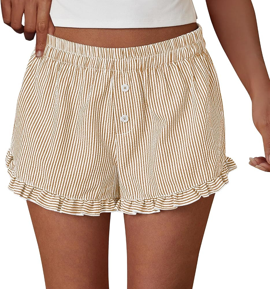 PRETTYGARDEN Womens Boxer Shorts Y2K Ruffle Pajama 2026 Summer Spring Lounge Sleep Striped Casual... | Amazon (US)