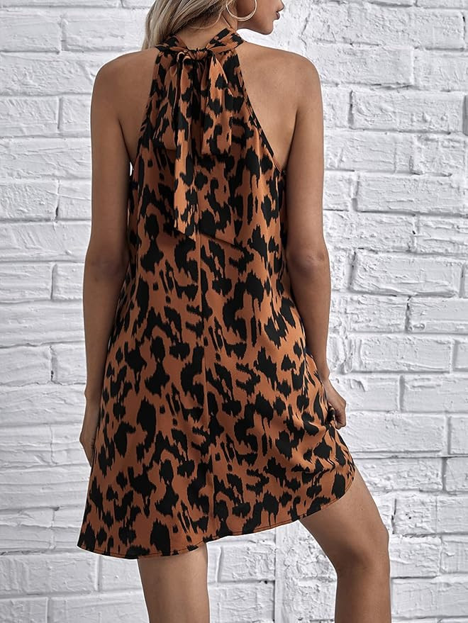 Romwe Women's Print Sleeveless Halter Neck A line Swing Casual Sundress Beachwear | Amazon (US)