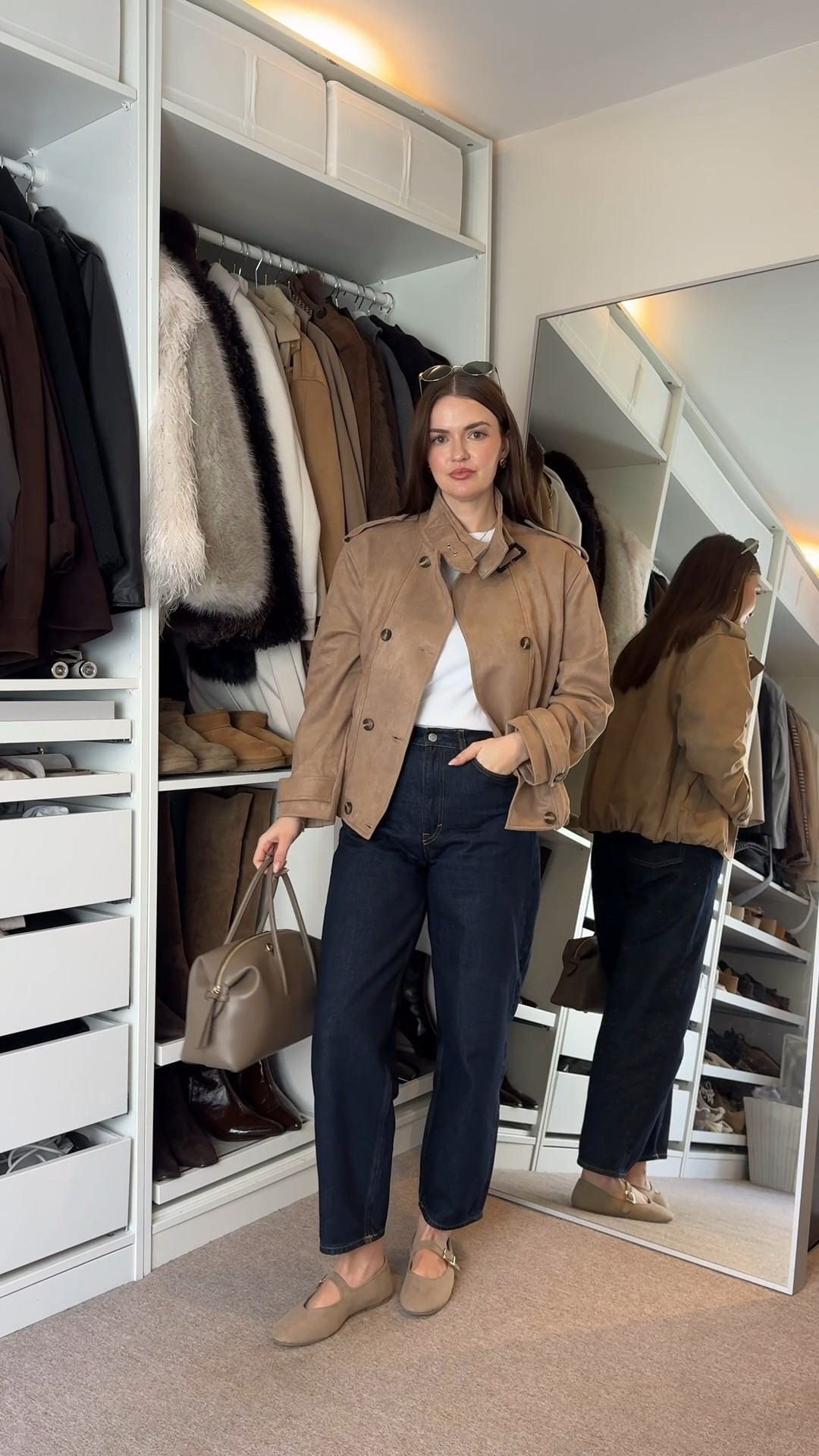 Spring outfit - new look faux suede beige funnel neck jacket and Mary Jane ballet flats, cos indigo arch tapered jeans, white Uniqlo crew neck t shirt, Demellier taupe handbag

#LTKuk #LTKspring #LTKstyletip