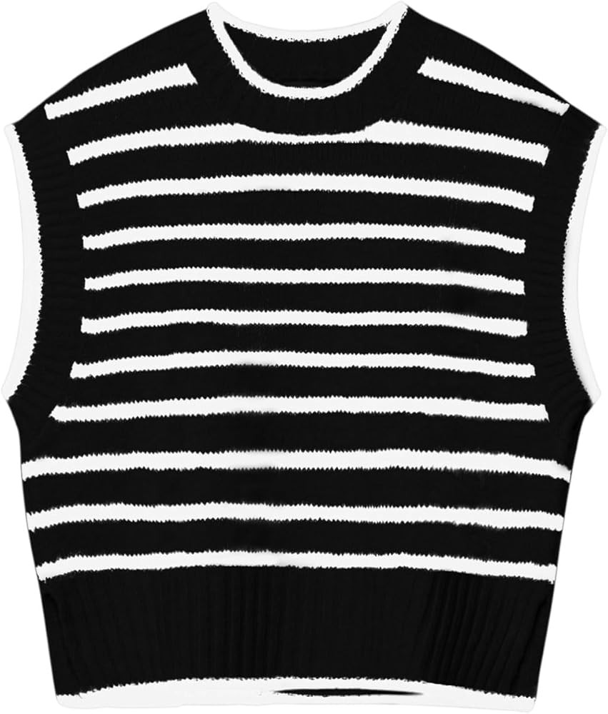 Lueluoye Sweater Vest for Women 2024 Crew Neck Cap Sleeve Tops Striped Knit Tank Top S-2XL | Amazon (US)