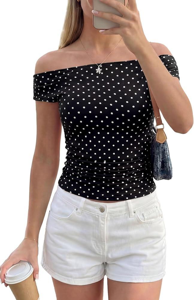 PRETTYGARDEN Womens Off The Shoulder Tops 2026 Summer Y2K Clothes Going Out Shirts Ruched Tank To... | Amazon (US)