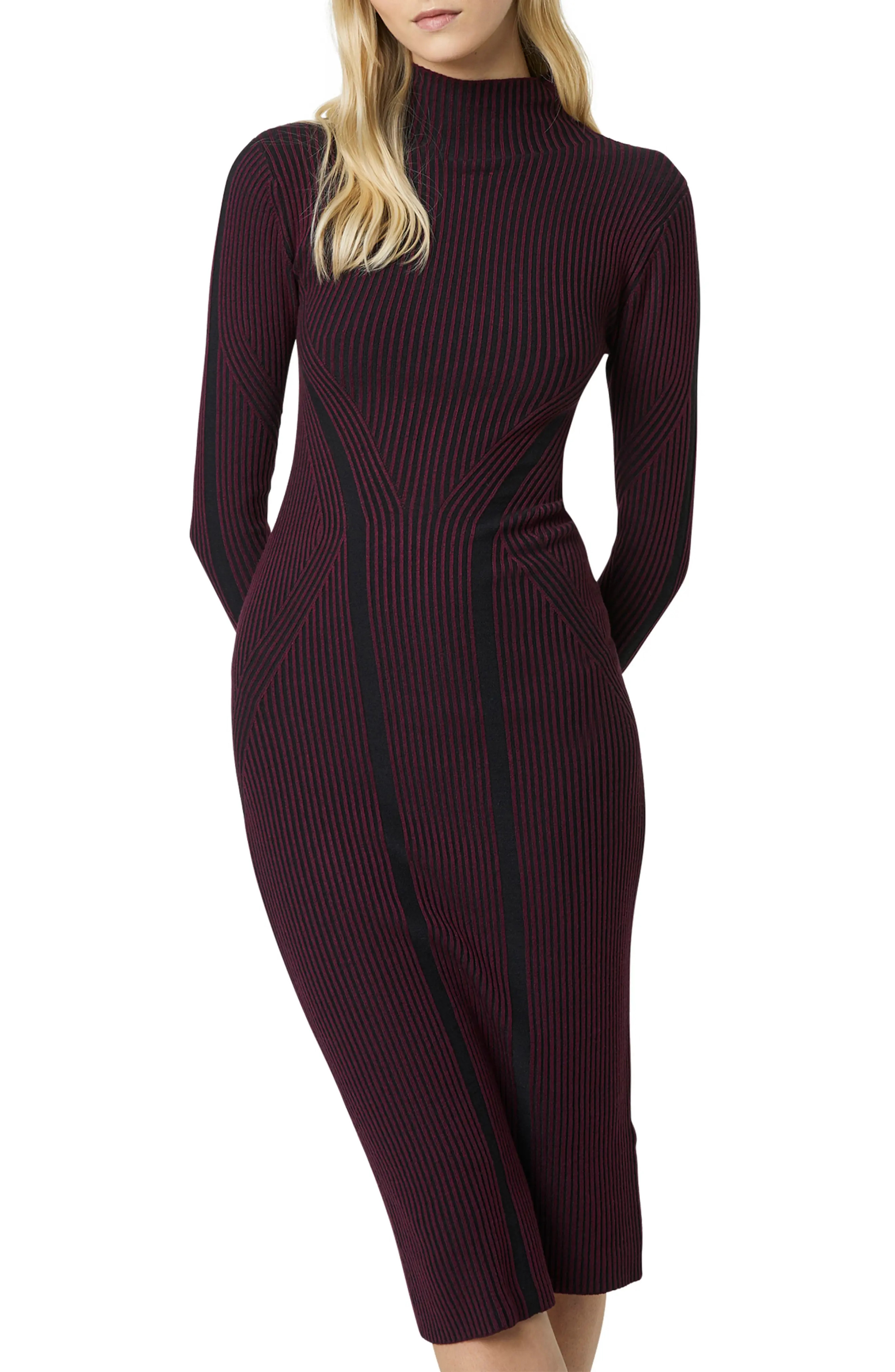 French Connection Simona Long Sleeve Rib Sweater Dress in Simona Berry Blush/Black at Nordstrom, Siz | Nordstrom