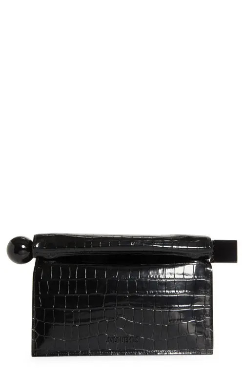 Jacquemus La Pochette Rond Carré Croc Embossed Leather Clutch in Black 990 at Nordstrom | Nordstrom
