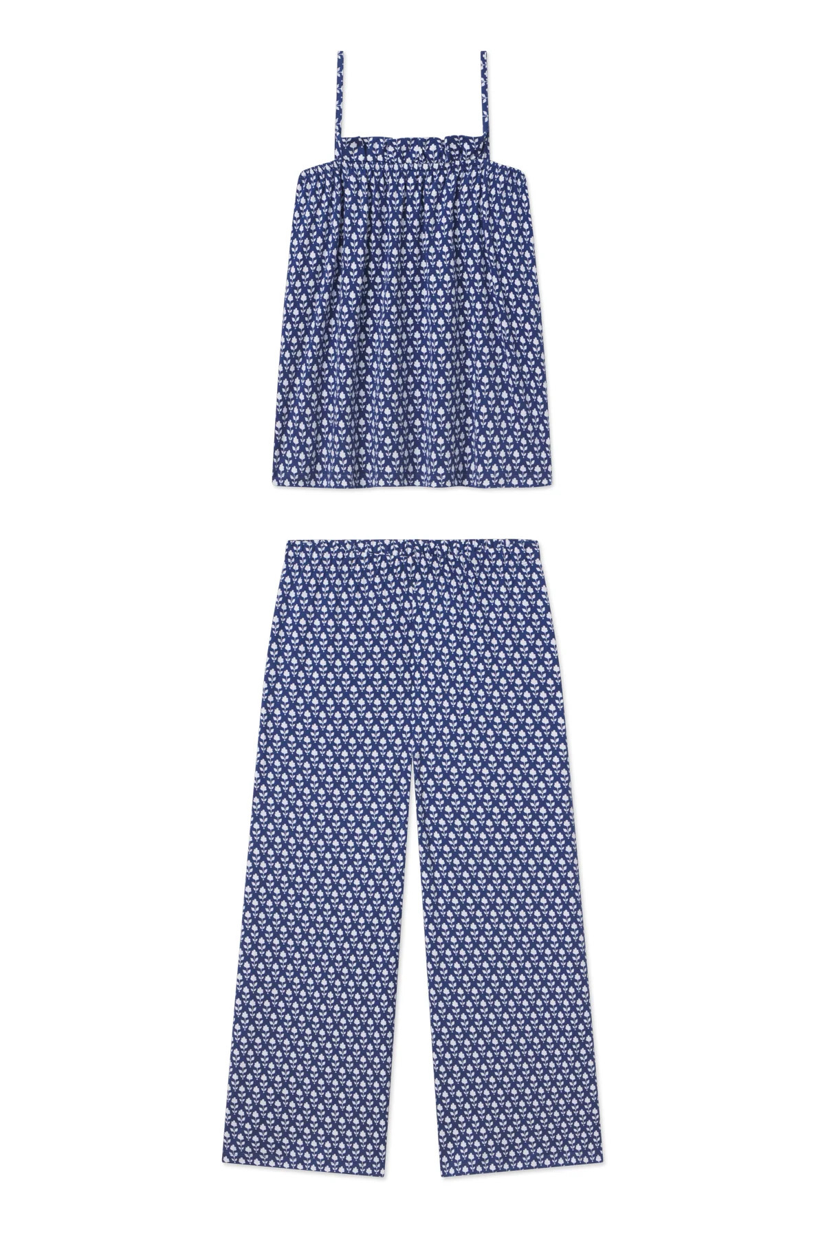 Pima Ruffle Pants Set in French Navy Inverse Bloom | Lake Pajamas