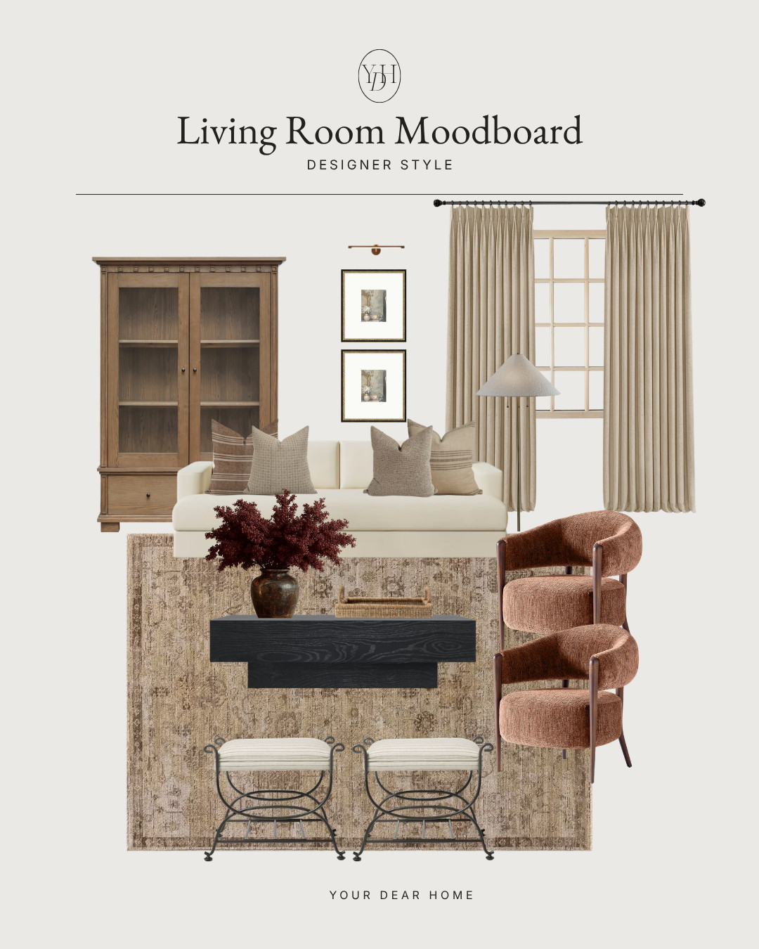 This living room feels elevated in such a quiet and timeless way. The warm wood tones, tailored drapery, sculptural chairs and black coffee table create that collected designer look that never goes out of style. 

 #LTKHome