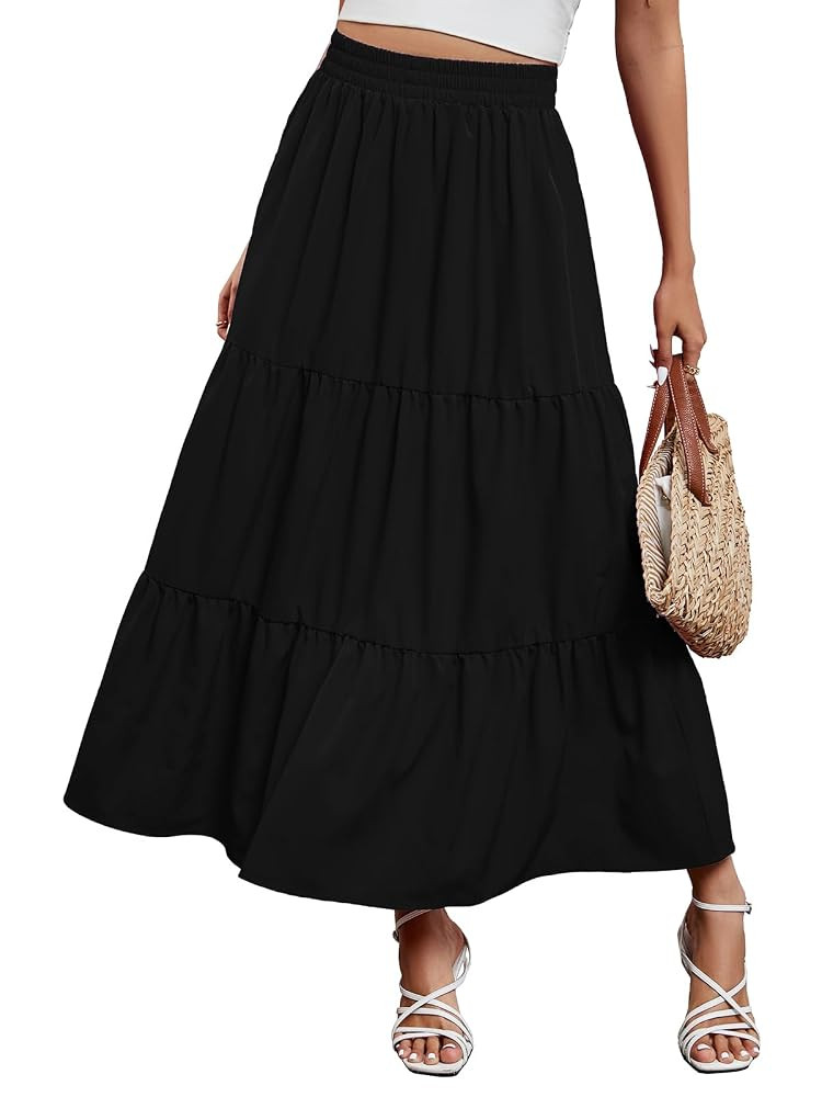 Arolina Maxi Skirt for Women Summer Boho Elastic High Waist Pleated A-Line Flowy Ruffle Swing Tie... | Amazon (US)