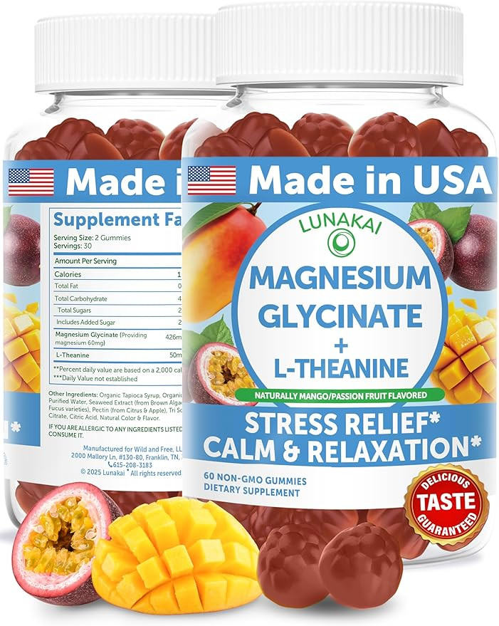 Lunakai USA Made Magnesium Glycinate Gummies with L-Theanine for Kids & Adults – 420mg Magnesiu... | Amazon (US)