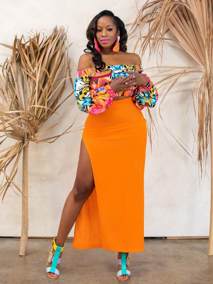 Abeille Creations Designer Hot Orange High Waist Split Pencil Rok Lentevakantie, Uitgaan, Strand,... | SHEIN