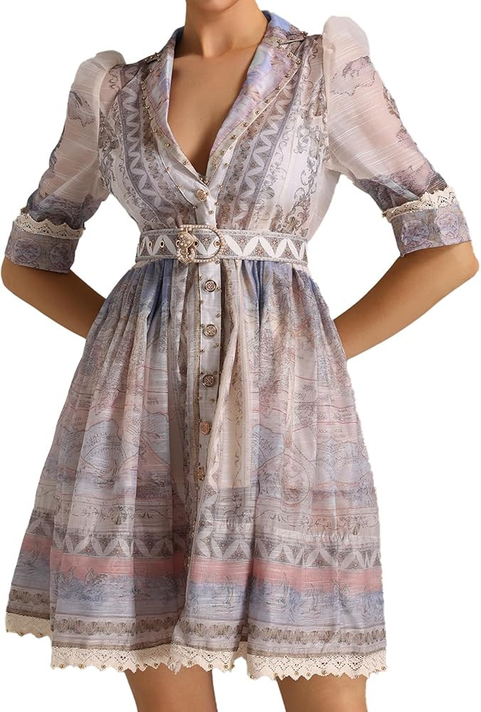 BELLA BARNETT Beige Tea Party Dress Mini Wrap Dress Deep V Neck Puff Sleeve Dress Wedding Guest D... | Amazon (US)