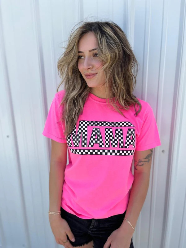Ask Apparel Checkered Mama Tee Neon Pink / S | Casual Chic Boutique
