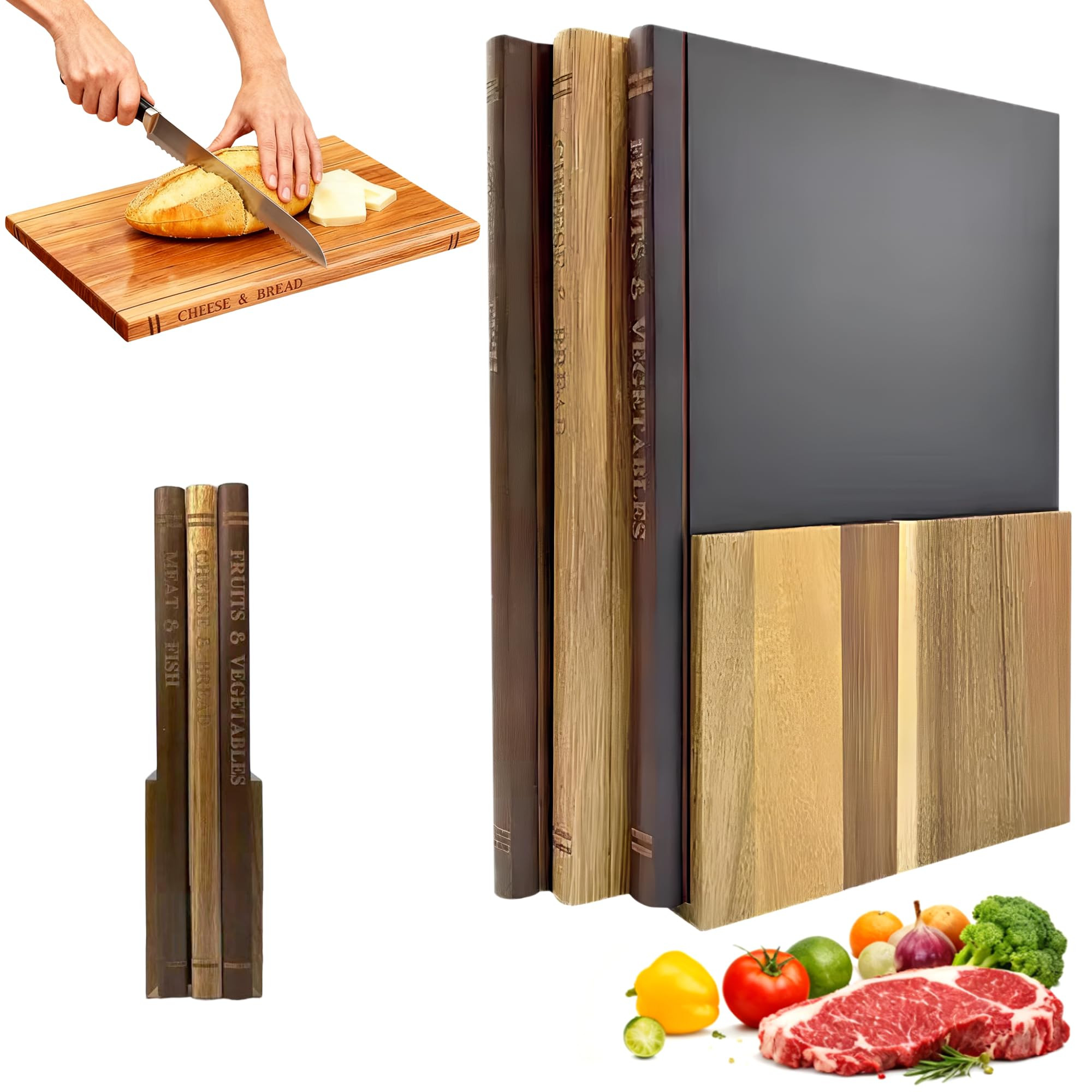MACTANO Book Cutting Board Set, Wooden Kitchen Book Shaped Cutting Board with Stand | Amazon (US)