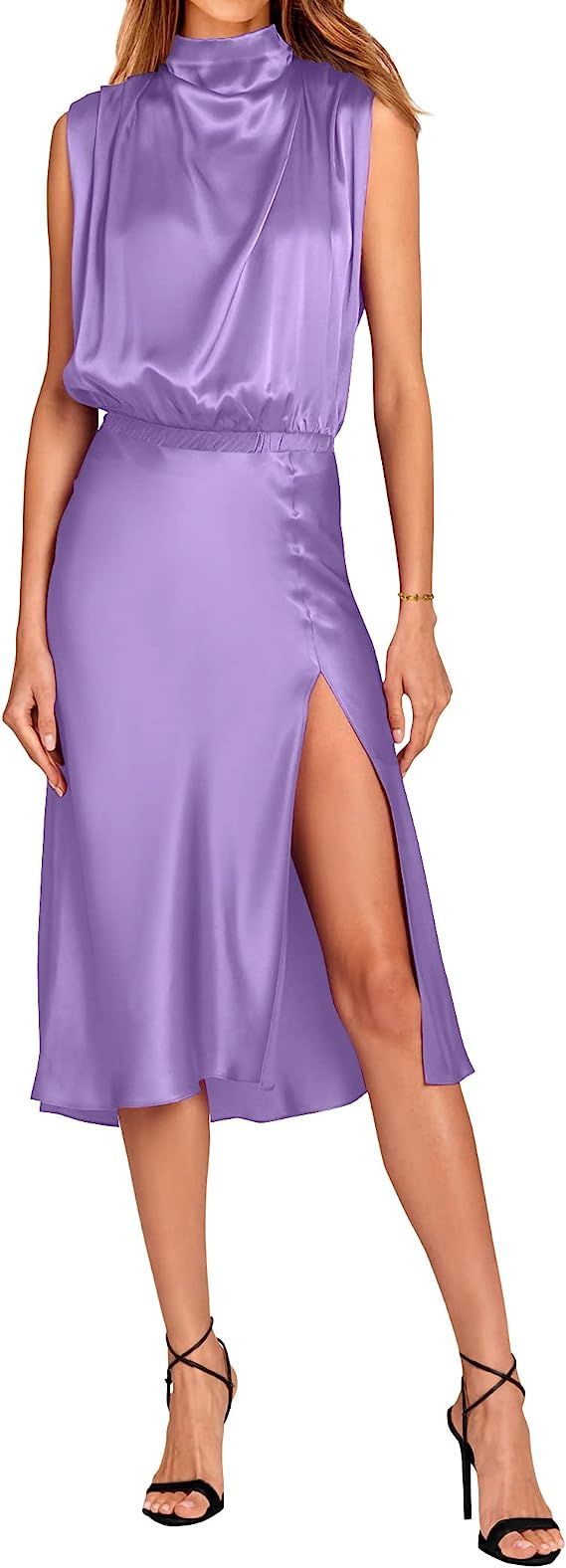 PRETTYGARDEN Women Summer Formal Mock Neck Sleeveless Satin Dress Elastic Waist Slit Midi Wedding... | Amazon (US)
