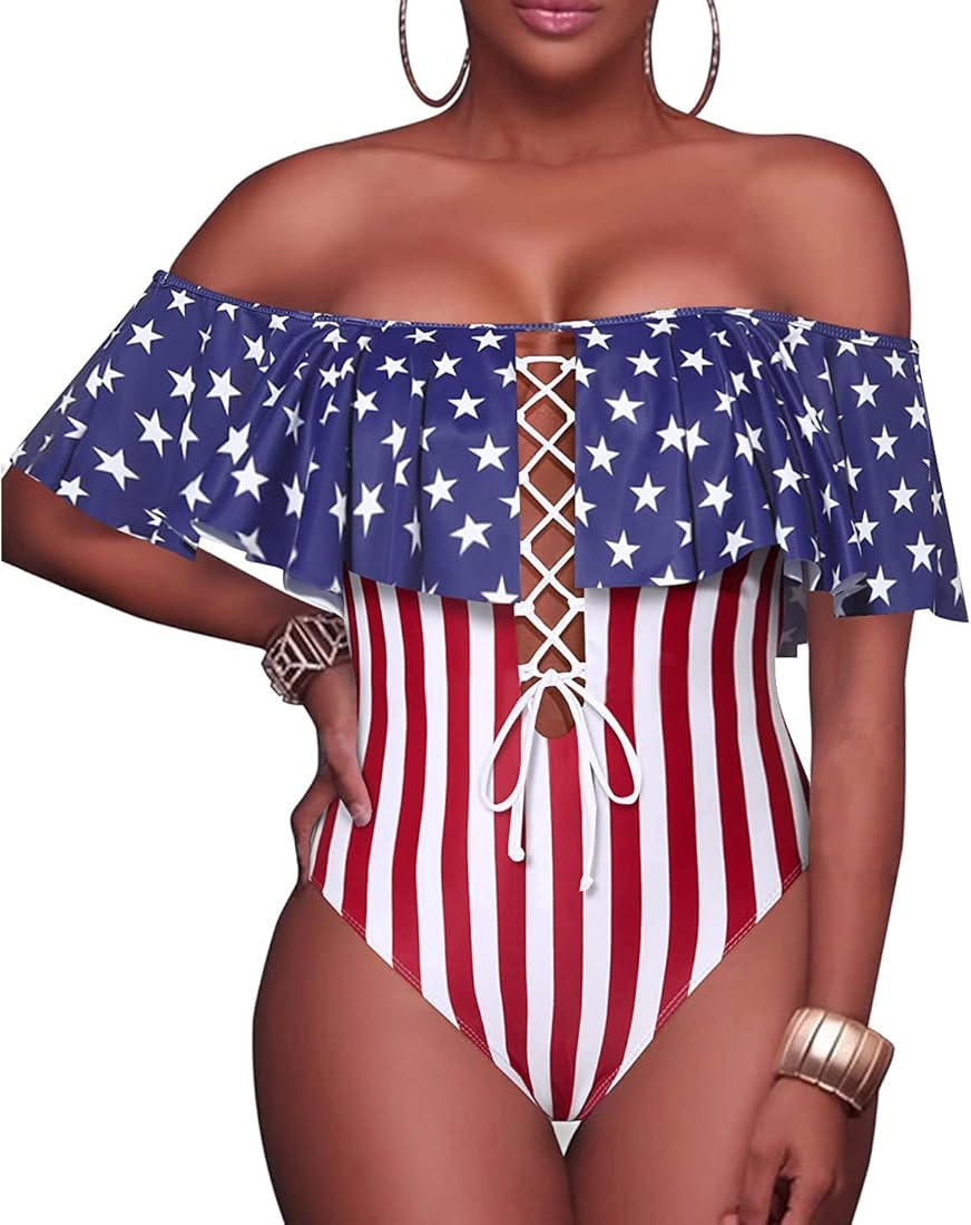 Tempt Me Women Sexy One Piece Swimsuit Ruffled Off Shoulder Lace Up Bathing Suit | Amazon (US)