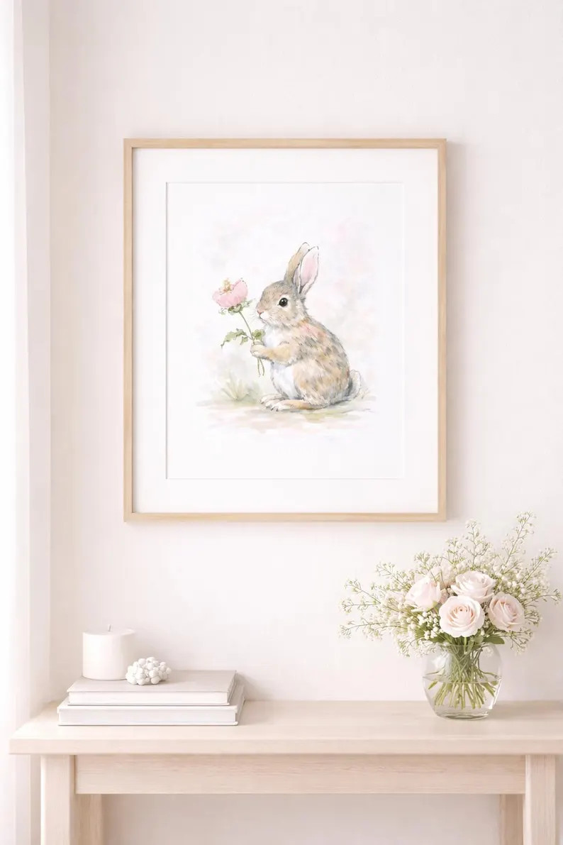 Storybook Bunny Rabbit Watercolor Art Print, Chinoiserie Nursery Wall Art, Cottagecore Illustrati... | Etsy (US)