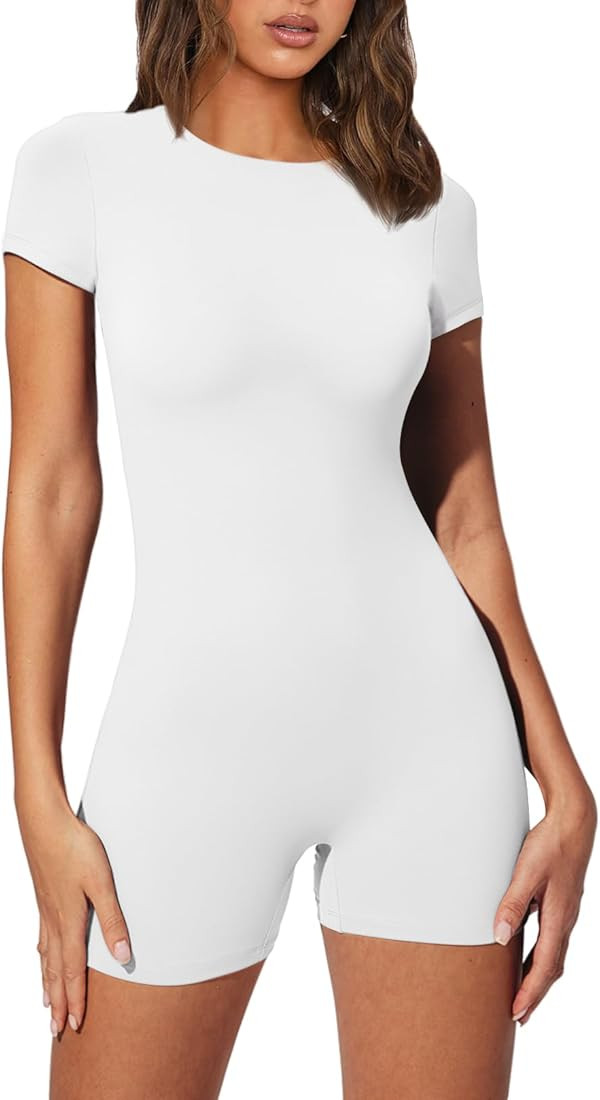 AUTOMET Workout Rompers Unitard Bodysuit For Women Yoga One Piece Jumpsuits High Neck Short Sleeve | Amazon (US)