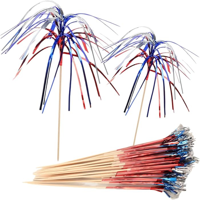 100 Pieces Red White Blue 4th of July Cocktail Picks Patriotic Firework Design Bamboo Toothpicks ... | Amazon (US)