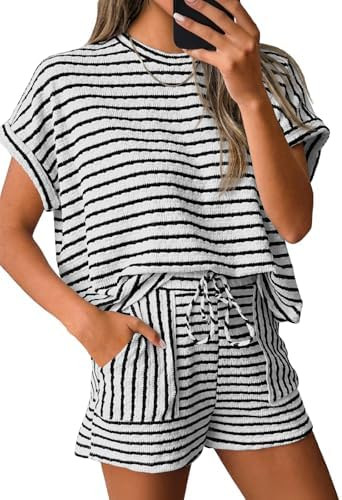 Tankaneo Womens Striped Summer 2 Piece Short Sets Short Sleeve T Shirts Drawstring Shorts Casual ... | Amazon (US)