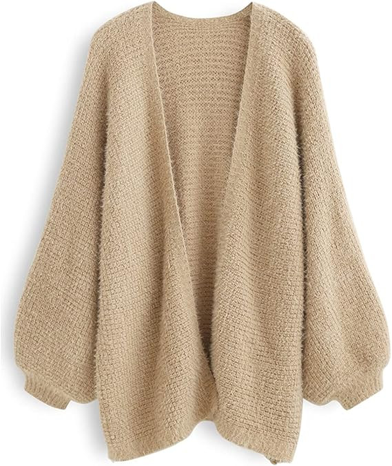 CHICWISH Women Fuzzy Open Front Waffle Knit Cardigan Long Lantern Sleeve Oversize Classy Cozy Car... | Amazon (US)