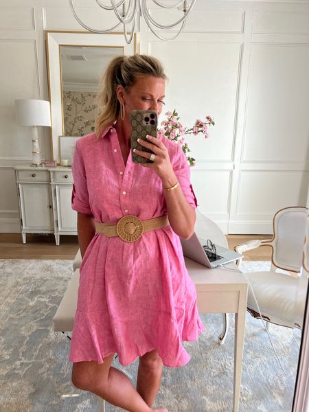 Pink linen dress paired with raffia belt for spring. Wearing a medium 

#LTKstyletip #LTKworkwear #LTKSeasonal