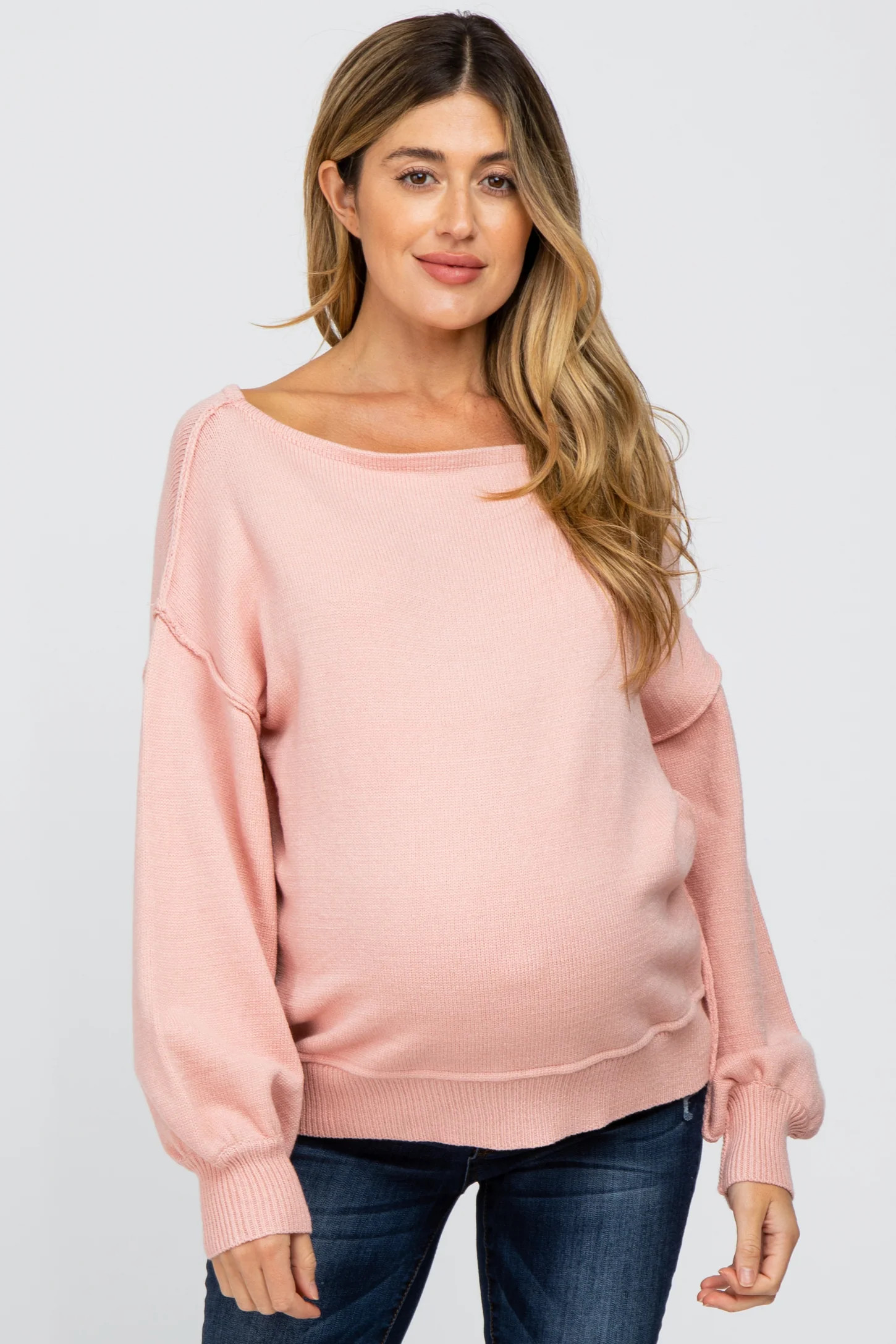 Light Pink Boat Neck Bubble Sleeve Maternity Sweater | PinkBlush Maternity