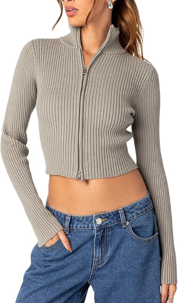Women Zip Up Long Sleeve Crop Hooded Tops Ribbed Knit Cropped Hoodie Jacket Y2k Cute Sweater Pull... | Amazon (US)