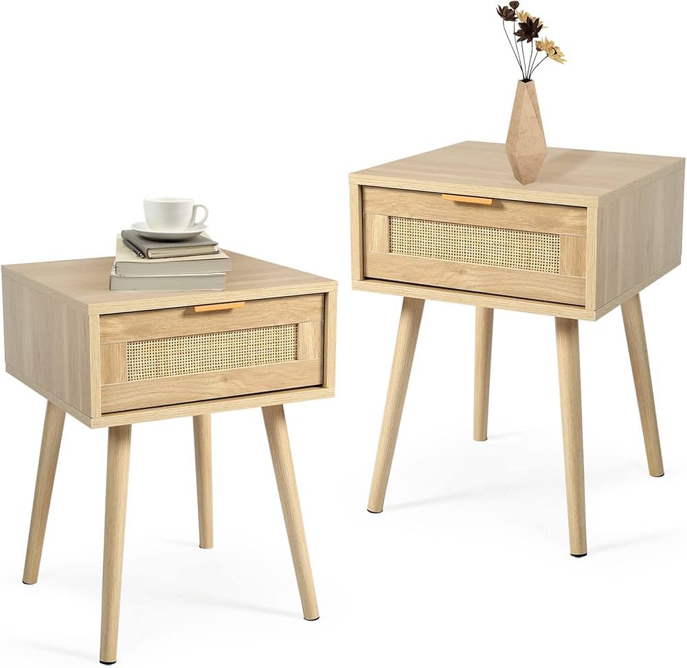 HOPUBUY Nightstands Set of 2 with Rattan Drawer, Modern Night Stand for Bedrooms, Wooden Bedside ... | Amazon (US)