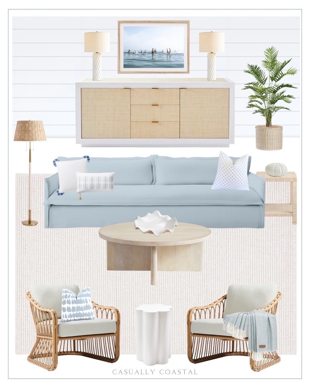 Living room design with relaxed, coastal vibes! 🌴 Many of these pieces are currently on sale! 
——
Coastal home, coastal decor, beach home, beach living room, coastal rug, coastal sofa, coastal pillows, beach house slim arm sofa, braided wicker planter, palm tree, Round nesting coffee table, wood coffee table, coastal sideboard, Serena & lily sideboard, twisted marble table lamp, raffia square end table, ceramic sea urchin, wayfair rug, all weather performance rug, rattan floor lamp, pottery barn lamp, lounge chair, west elm chair, martini table, coastal throw blanket, Etsy wall art, coastal wall art, vintage beach ocean swimmers art, Serena & lily pillow cover, blue and white pillow covers, Etsy pillows, blue palm tree pillows, ceramic decorative bowl 


#LTKSaleAlert #LTKHome
