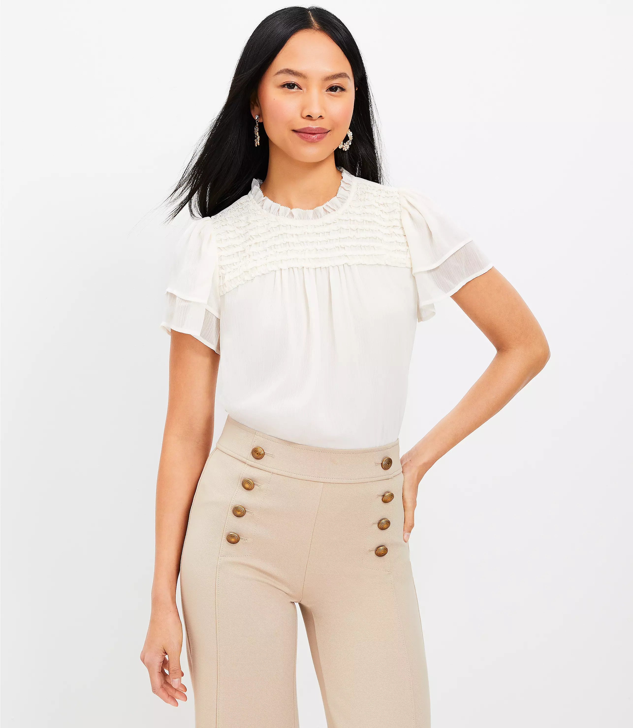 Ruffle Yoke Flutter Sleeve Top | LOFT