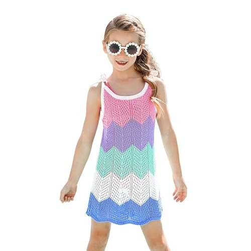 Toddler Girls Cable Knit Swimsuit Cover up Pink Color Block Beach Swimwear Mini Dress with Sunglasses,Size 3 4 | Amazon (US)